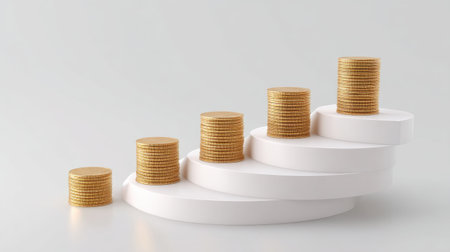 This image showcases a series of stacked golden coins on white circular platforms, symbolizing financial growth and success in a clean, modern style.の素材