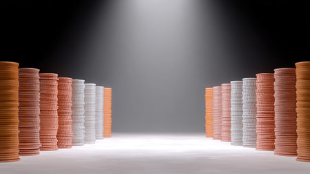 This image showcases several stacks of coins in various colors arranged in a dramatic composition, illuminated by soft light. Ideal for finance themes.の素材