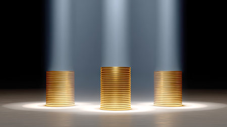 Three stacks of shiny coins are dramatically illuminated by rays of light in a dark space, creating a striking visual representation of wealth and prosperity.の素材