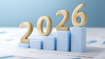 A modern visualization depicting a strong upward trend from 2022 to 2026 with golden numbers representing future growth and financial optimism.の素材