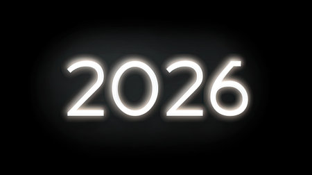A stunning neon light display showcasing the year 2026, radiating brightness against a dark background. Perfect for modern and futuristic themes.の素材