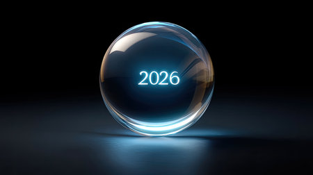 A crystal ball featuring the year 2026 glimmers against a dark background, symbolizing future vision and anticipation. Perfect for concepts related to predictions and aspirations.の素材