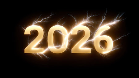 This stunning image captures the golden number 2026, surrounded by electric lightning effects, creating vibrant energy and excitement perfect for New Year's celebrations.の素材