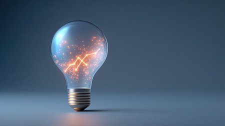This captivating image showcases a light bulb filled with sparkling energy, representing creativity and innovation in a sleek, modern environment.の素材