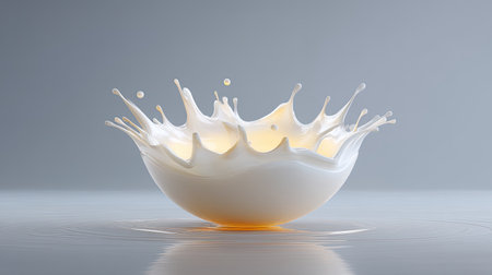 A stunning high-resolution image of a milk splash in a bowl, showcasing the dynamic motion of liquid with droplets and a soft background. This image highlights freshness and clean aesthetics, perfect for culinary and beverage themes.の素材