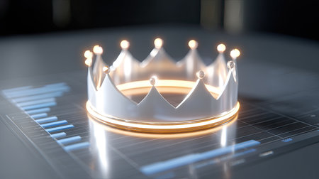 This striking image features an elegant crown placed over data charts, symbolizing success and achievement in a modern business setting, perfect for presentations.の素材