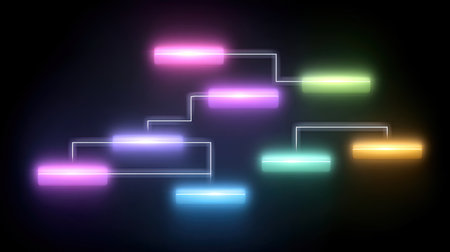 This vibrant neon flowchart diagram showcases colorful elements against a dark backdrop, perfect for business presentations or data analysis.の素材