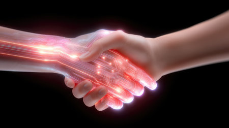 This striking image illustrates a handshake between a human hand and a digital arm, symbolizing the partnership between humans and technology. The bright lines and glowing elements emphasize innovation and collaboration in a futuristic scene.の素材