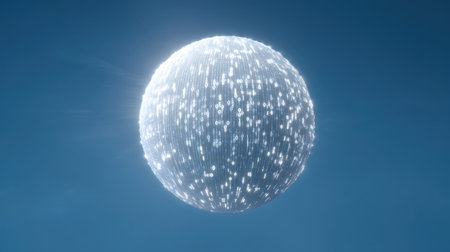 This graphic captures a glowing digital sphere surrounded by bright particles against a clear blue sky, symbolizing innovation and technology.の素材