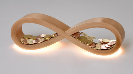 This artistic representation features a wooden infinity symbol filled with coins, symbolizing endless wealth and financial growth, perfect for modern decor.の素材