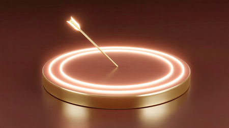This artistic image features a glowing target with an arrow hitting the center, symbolizing achievement and focus. The sleek design highlights minimalism and elegance, inviting viewers to reflect on success and motivation.の素材
