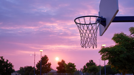 A striking silhouette of a basketball hoop against a vibrant sunset sky showcases shades of pink and purple, with trees framing the scene.の素材