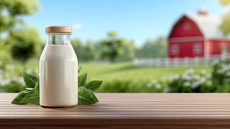 A fresh milk bottle displayed on a wooden table with a picturesque farm background, capturing the essence of rural life and outdoor beauty.の素材