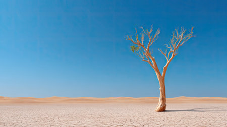 This image captures a solitary tree standing tall in a vast desert landscape. The cracked, dry ground contrasts beautifully with the clear blue sky, creating a serene atmosphere.の素材