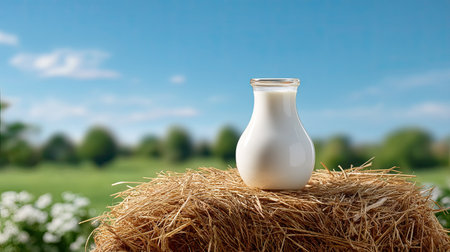 A charming image of fresh milk served in a glass jug placed on straw bales, surrounded by lush greenery and a clear blue sky, evoking natural beauty.の素材