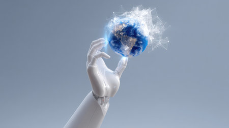 A futuristic robot hand delicately holds a glowing Earth, symbolizing the intersection of technology and global connection. This image encapsulates innovation in a visual narrative.の素材