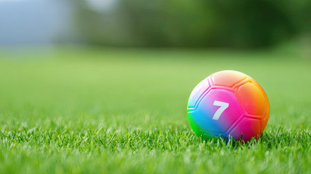 A vibrant soccer ball with a rainbow design rests on lush green grass, set against a softly blurred natural background, ideal for sports-related themes.の素材