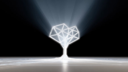 An abstract depiction of a tree formed by glowing geometric lines, set against a dark background with radiant beams of light, perfect for creative projects.の素材