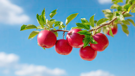 A vibrant display of fresh red apples hanging from a branch against a clear blue sky. This image captures the beauty of nature and healthy living, emphasizing a seasonal harvest. Perfect for depicting fresh produce and agricultural themes.の素材