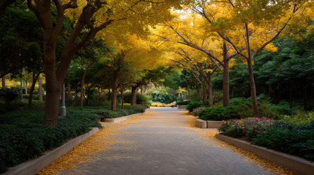 A serene pathway enveloped by golden autumn leaves and lush greenery creates a perfect setting for a calm and refreshing nature walk. Enjoy the beauty.の素材