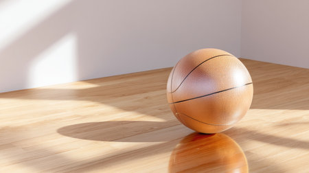 A solitary basketball rests on a smooth wooden floor, illuminated by soft natural light. The shadow casts a dynamic shape, creating a vibrant indoor scene.の素材