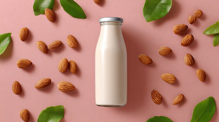 This image features a glass bottle of almond milk surrounded by almonds and green leaves on a soft pink background, highlighting a healthy lifestyle choice.の素材