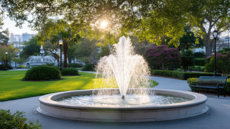 A serene park scene featuring a beautiful fountain surrounded by lush greenery and blooming flowers, illuminated by the warm morning sunlight.の素材