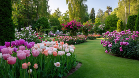 A serene flower garden showcasing a vibrant array of blooming tulips and roses. Lush greenery and trees complement this picturesque outdoor scene, inviting peace.の素材
