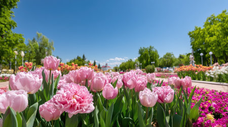 A stunning landscape featuring vibrant pink tulips blooming under a clear blue sky. The park exudes tranquility, perfect for nature lovers seeking beauty.の素材