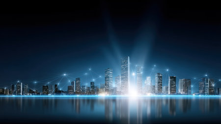 A stunning futuristic urban skyline illuminated by bright lights, showcasing digital connectivity over water. The scene captures modern architecture against a dark night sky.の素材