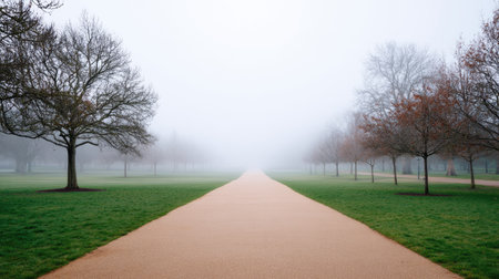 A tranquil scene showcasing a foggy morning in a city park, featuring a clear pathway lined with bare trees and green grass, creating a serene atmosphere.の素材
