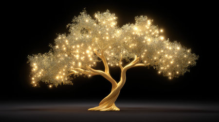 A mesmerizing tree radiates magical energy with its glowing golden leaves against a soft black backdrop, perfect for inspiring artistic designs and nature themes.の素材