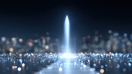 A stunning futuristic cityscape features a central glowing point surrounded by shimmering lights, creating a dreamlike ambiance perfect for various creative projects.の素材