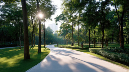 A beautiful morning pathway meanders through a lush park, where soft sunlight filters through vibrant trees, creating a serene and calming atmosphere.の素材