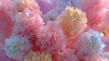 A stunning arrangement of soft blossoms in shades of pink and peach creates a dreamy floral background. Delicate petals highlight the beauty of nature.の素材
