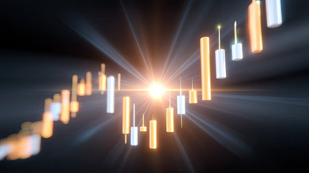 Captivating abstract representation of a financial market with dynamic movement, bright light, and data visualization elements showcasing trading trends and analysis.の素材