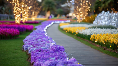 A stunning garden scene featuring a vibrant pathway flanked by blooming flowers and illuminated by soft lights, perfect for relaxation and enjoyment.の素材