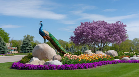 A striking peacock statue enhances the beauty of a flower garden, featuring tulips and lilacs in full bloom under a clear blue sky.の素材