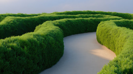 Explore a lush green hedge maze path leading through a tranquil landscape. This serene scene offers a beautiful escape into nature with soft clouds above.の素材