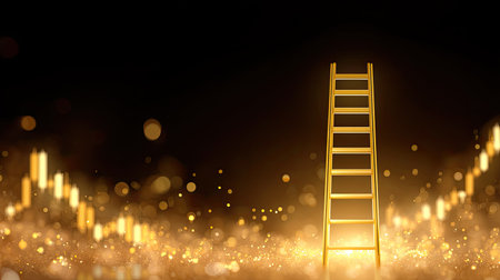 A striking golden ladder stands against a dark backdrop filled with shimmering lights and abstract charts, symbolizing financial growth, opportunities, and success.の素材