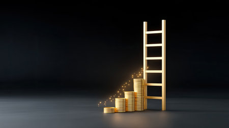 This striking image depicts a wooden ladder alongside stacks of coins, symbolizing the journey toward financial success. It's ideal for business and investment themes.の素材