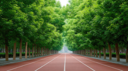 This image captures a serene tree-lined pathway perfect for outdoor activities, offering a vibrant atmosphere with lush greenery and a welcoming vibe.の素材