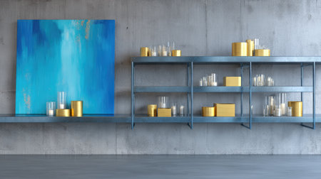 This modern minimalist interior features a stunning blue abstract artwork paired with elegant gold accents. The sleek shelves showcase glass candle holders and decorative boxes, enhancing the aesthetic.の素材