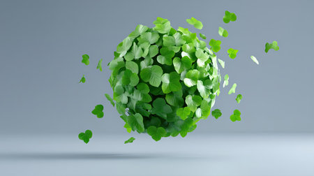 A stunning visual portrayal of a sphere made up of vibrant green leaves, symbolizing the essence of nature and environmental consciousness. Perfect for themes of growth and sustainability.の素材