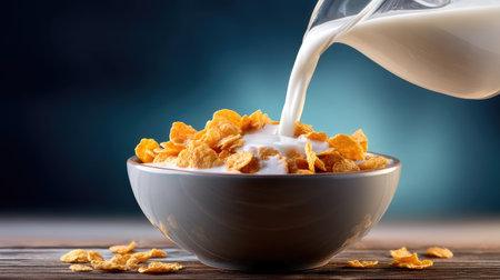 A bowl of crispy corn flakes has milk poured into it, creating a delicious and satisfying breakfast scene perfect for a nutritious start to the day.の素材