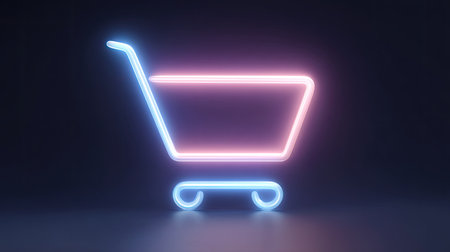 This vibrant neon shopping cart symbol stands out against a dark background, perfect for modern e-commerce and retail concepts. Its bright colors and sleek design make it an eye-catching visual for advertisements and promotions.の素材