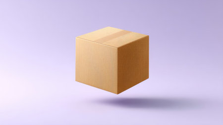 A minimalistic floating brown cardboard box set against a soft purple background, ideal for product presentation, shipping concepts, and visual marketing.の素材