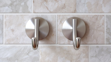 This image features two sleek wall hooks in a brushed metal finish, perfect for enhancing home organization with a modern touch. Ideal for various rooms.の素材