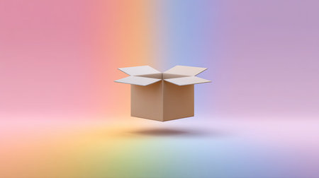 A vibrant image of an open cardboard box against a colorful gradient background, ideal for creative projects and product marketing needs.の素材