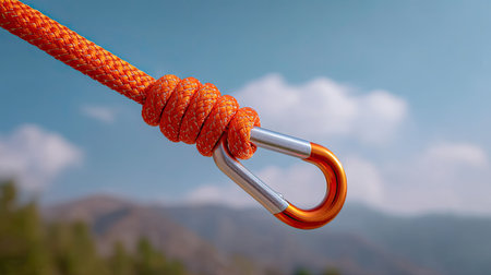This close-up image captures a vibrant orange climbing rope secured with a carabiner, set against a stunning natural mountain backdrop, perfect for adventure themes.の素材